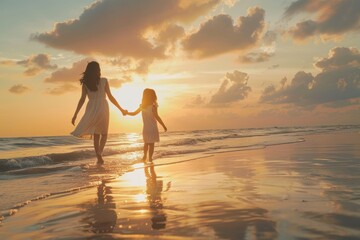 Mother and her daughter enjoying walk along beach at sunset. The woman is holding the child's hand.