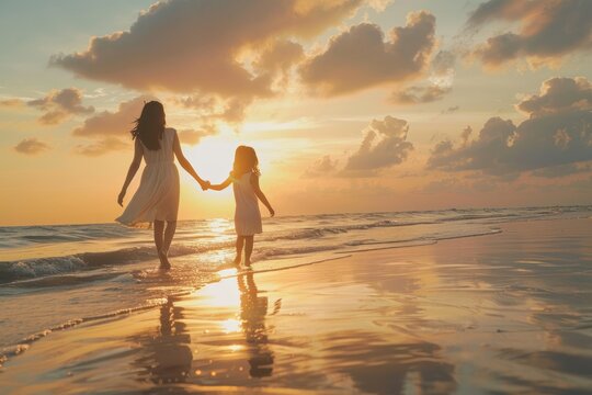 Mother and her daughter enjoying walk along beach at sunset. The woman is holding the child's hand.