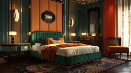A sophisticated Art Deco bedroom with bold colors, art deco furniture pieces, and luxurious textures evoking the grandeur of the 1920s and 1930s in Art Deco Interior Design Style.