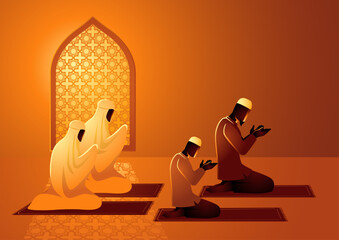 Vector illustration of muslim family praying together