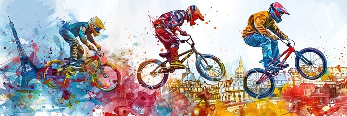 watercolor illustration, the Summer Olympic Games in Paris, BMX Freestyle racers on the background of the Eiffel Tower and a panorama of the sights of Paris
