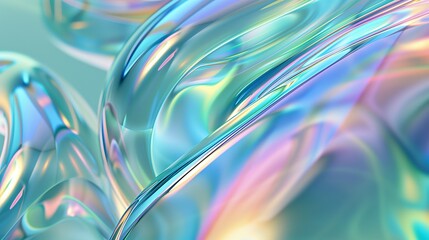 A closeup of iridescent glass, with light reflecting and refracting in various colors, creating an abstract pattern. The background is a soft gradient from blue to green. Generated by artificial intel