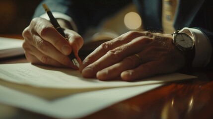 Close-up of a businessman's hands signing important contracts, with a fountain pen and official documents laid out