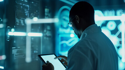 Scientist using tablet in high tech research laboratories
