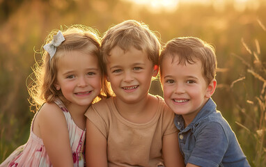 Fototapeta premium Family photo of three kids blurry background