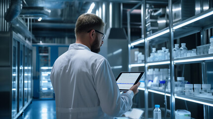 Backshot of a scientist using tablet in laboratory