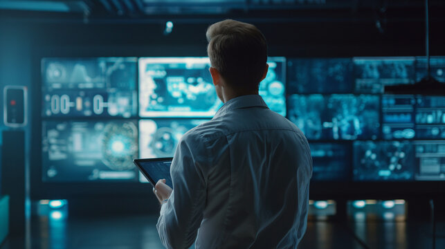 Hacker looking at multiple monitors, monitoring personnel, Scientist looking at supercomputer