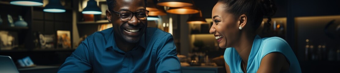 african american couple in office. panoramic office view