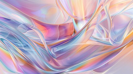 A digital art composition featuring an abstract background with swirling glass shapes, creating a sense of fluidity and movement. The colors include pastel rainbow hues that shimmer in the light. Gene
