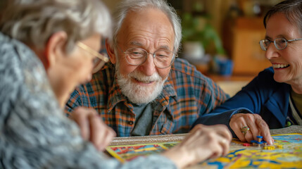 Multiracial seniors having fun during board game in geriatric clinic or nursing home