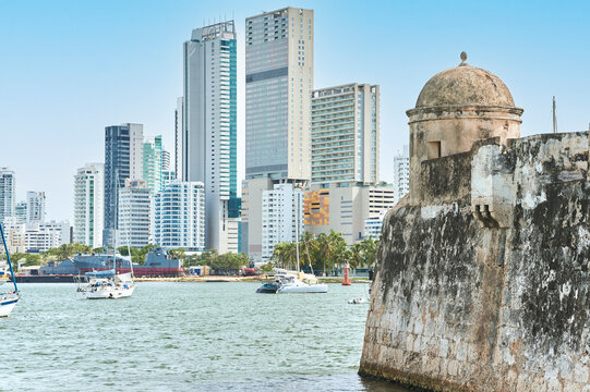 Landscape of skyscrapers and old city wall of Cartagena de Indias, Colombia