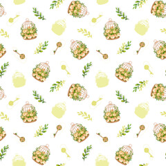 Seamless watercolor pattern with round cages with flowers, keys and sprigs