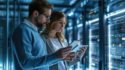 Male and a female IT professional in a data center, with the woman holding a tablet and the man observing, likely collaborating on a task.
