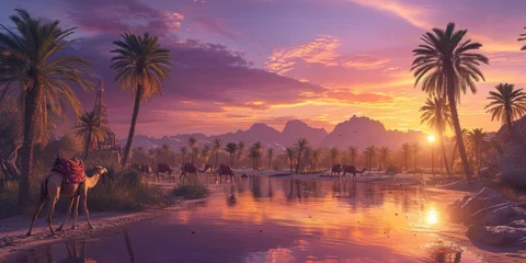 Türaufkleber A tranquil oasis scene at sunset with silhouettes of camels and towering palm trees reflected in water. Resplendent. © Summit Art Creations