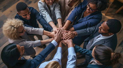 Group of people's hands joined together in the center of a table filled with work materials, signifying teamwork and collaboration.