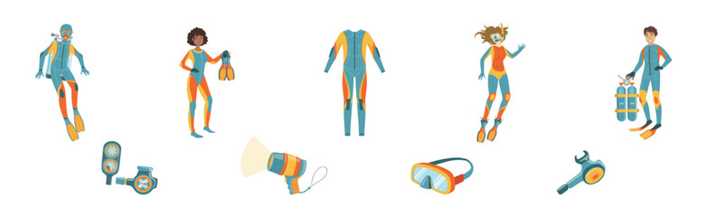Man and Woman with Diving Equipment and Underwater Swimming Appliance Vector Set