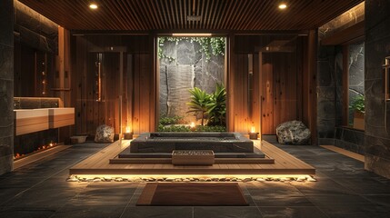 A spa-like bathroom retreat with warm wood accents, soft lighting, and a Japanese soaking tub surrounded by natural stone elements for a tranquil and luxurious ambiance. - obrazy, fototapety, plakaty