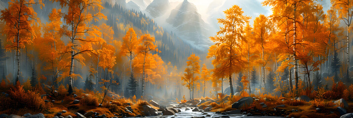 Golden autumn in the mountains with sun rays ,
Reflections of trees and mountains in lake