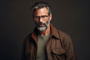 Fototapeta premium Portrait of a stylish mature man with a beard wearing glasses and a leather jacket against a dark background