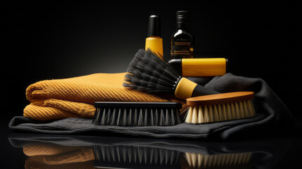 Bright yellow and black elegant home cleaning tools, on a beautiful black background. Stylish tools for cleaning and cleanliness - Powered by Adobe