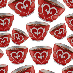 bowl,kese ,cup,tea utensils with Tatar ,Turkish ,Uzbek ,Kazakh national traditional ornament pattern in oriental style ,Muslim tea,cup,red blue green