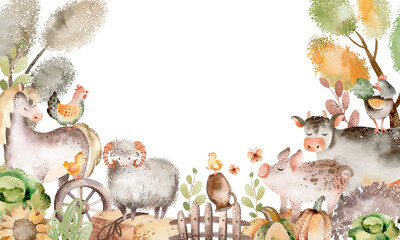 Farm animals card. Watercolor border with cute cow, horse and pig for birthday invite. Frame template for child card. Cartoon pet characters. © Elena