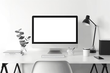 A computer monitor sits on a desk with a lamp and a potted plant