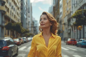 Fototapeta premium A woman in a yellow shirt is walking down a city street