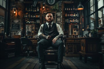 Naklejka premium A man sits in a barber chair in a barbershop