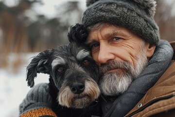 A man is hugging a small dog while wearing a hat and a jacket