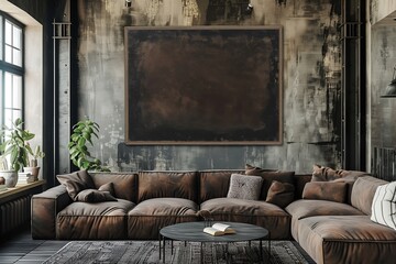 A living room with a large brown couch and a black coffee table