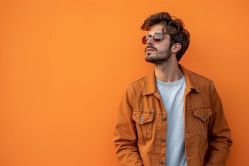 Fototapeta premium A man in an orange jacket and sunglasses stands in front of a bright orange wall