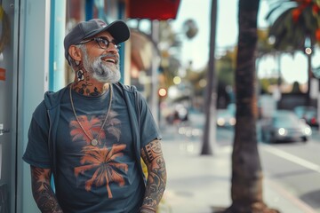 A man with tattoos and a hat stands on a sidewalk in front of a building