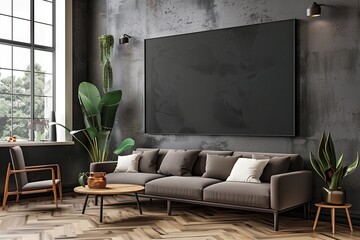 A living room with a large black wall and a couch