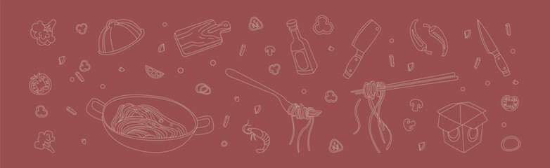 Hand Drawn Wok Noodles and Pasta Dish Preparation Line Element Vector Set