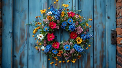 Fototapeta na wymiar Summer floral wreath hanging on a wooden door. Spring wildflowers wreath 