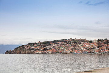 Fototapeta na wymiar Ohrid old city reflected in Lake Ohrid, UNESCO World Heritage Site, Macedonia, Europe