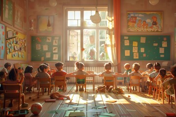 A classroom with children sitting at desks