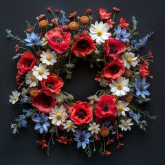 Summer floral wreath on black background, top view. Spring wildflowers wreath 