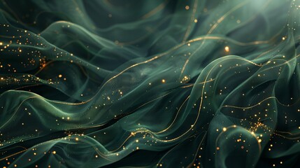 A closeup of an emerald green and gold scarf with swirling lines, the fabric floating in midair, delicate details visible through semitransparent material, dust particles scattered across its surface. - obrazy, fototapety, plakaty