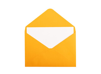 Postcard, card, paper sheet from open orange holiday envelope isolated on white background, transparent PNG