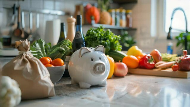 Piggy bank in the kitchen among fresh groceries. Household budget and healthy eating concept.