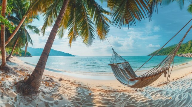 Tropical beach panorama as summer relax landscape with a hammock. The scene is peaceful and relaxing