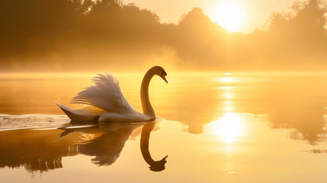 Swan gliding gracefully across a tranquil lake