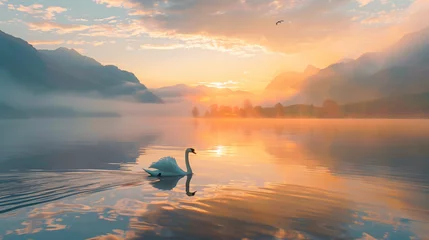 Fototapete Rund Swan gliding gracefully across a tranquil lake © Tariq