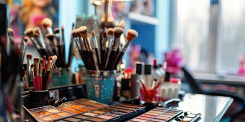 the interior of a modern beauty salon, a makeup artist's workplace, decorative cosmetics, makeup brushes on a cosmetic table, close-up