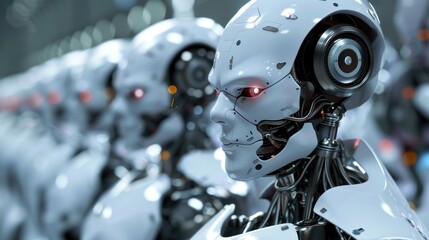 Fototapeta premium A group of white humanoid robots in a row working in a factory close-up