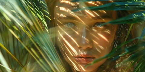 portrait of a beautiful girl among tropical plants, a look through palm leaves, the concept of spa, beauty and cosmetology, sun rays
