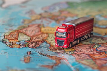 A red truck is on a map of Europe. Truck model on world map transportation of goods