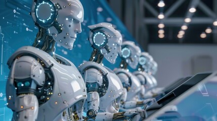 A group of white humanoid robots in a row working in a factory close-up
